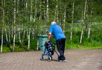Elderly Person Walking With Mobility Aid In Park