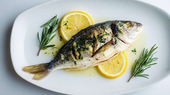Baked sea bream served whole, light background, minimalist fine dining style