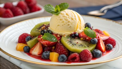 Delicious fruit salad with ice cream