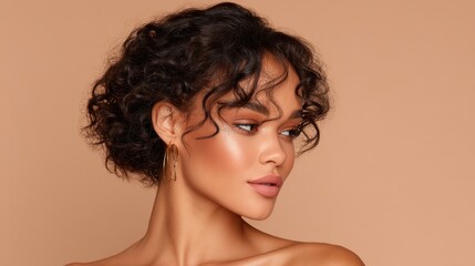 Studio portrait of young woman with natural makeup, combed hair, touching well-groomed pure skin on face, isolated on blue background. Beauty, facelift, anti-aging cosmetic procedure. Banner.