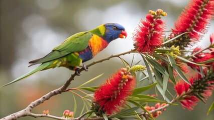 Vibrant parrot feeding on blooming branch