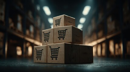 Packaging Boxes Stacked on Pallets Load with Shipping Cargo Container. Delivery Trucks Loading at Dock Warehouse. Supply Chain. Shipment Boxes. Distribution Warehouse Freight Truck Transport Logistics