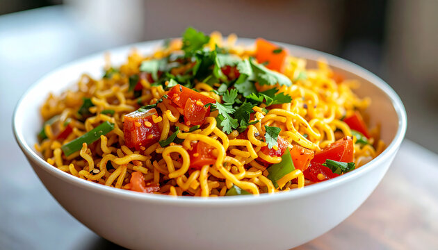 White bowl with hot veg Maggi masala noodles, garnished with vegetables, tomatoes and herbs