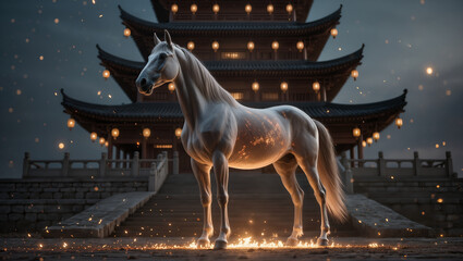 Chinese New Year 2026 concept featuring a majestic white horse standing in a traditional Chinese temple courtyard at night, symbolizing purity, strength, and renewal.	
