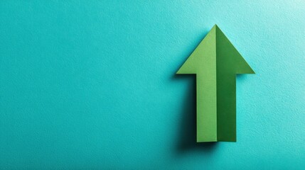 Red up arrow in the lawn grass. Copy space for text