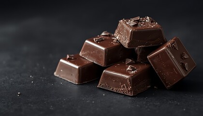 Stacked dark chocolate squares with glossy finish and flakes on dark surface for gourmet branding and culinary showcase