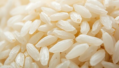 Close-up of uncooked white rice grains with glossy texture and elongated shape for culinary and agricultural branding