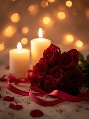 Deep red roses with elegant candles and golden bokeh lights for Valentine's Day 2026. Intimate love celebration setup with satin ribbon. Perfect for romantic dinner and luxury date concepts.