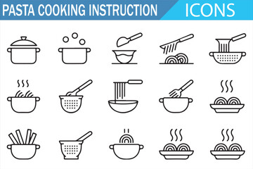 Italian Pasta Cooking Process Icons Set, Line Style Illustration