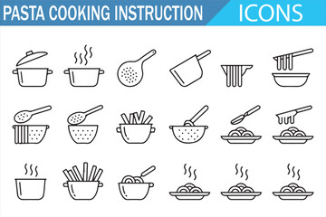 Pasta Boiling and Serving Steps Icons Collection