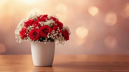 Elegant red roses arrangement with white baby's breath flowers in modern ceramic vase for Valentine's Day 2026. Classic love bouquet with warm bokeh background. Perfect for romantic gift concepts.