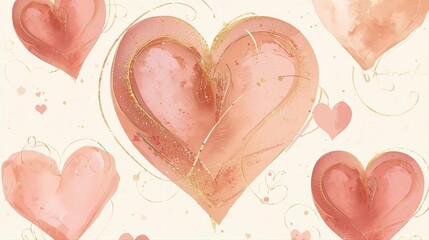 Elegant watercolor hearts with gold foil texture for Valentine's Day 2026. Romantic love background in soft pink tones with decorative swirls. Perfect for wedding invitations and greeting cards.