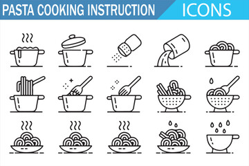 Pasta Cooking Instruction Icons Set, Boiling, Straining and Serving Steps for Italian Food Preparation Line Illustration