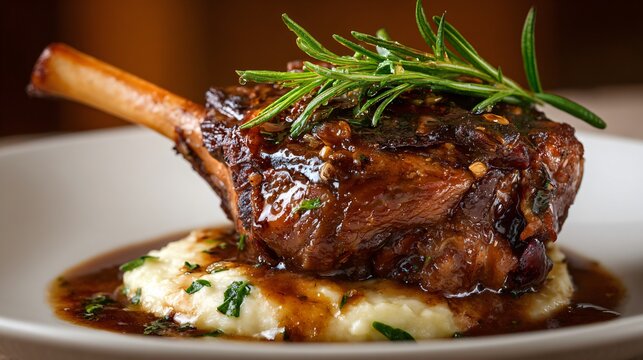Braised lamb shank photographed side-on, beige background, refined plating