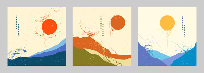 Vector illustration. Set of abstract landscapes in Japanese style with mountains, sun, and ink splatters. Contemporary artistic backgrounds with grunge texture and
minimalist oriental design