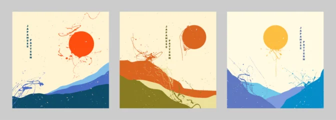 Fototapeten Beige Vector illustration. Set of abstract landscapes in Japanese style with mountains, sun, and ink splatters. Contemporary artistic backgrounds with grunge texture and minimalist oriental design  © VVadi4ka