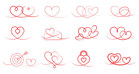 Single Line Heart Illustration Set, Continuous Love Line Art Romantic Vector