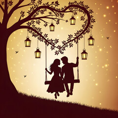 Valentine&rsquo;s Day Social media post vector featuring romantic evening forest with couple and lanterns