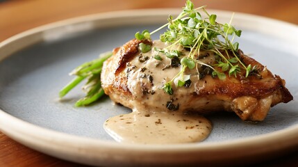 Chicken supreme plated with sauce smear, pale ceramic, copy space