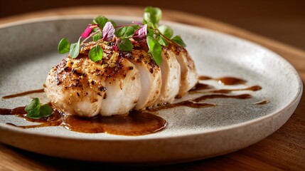 Chicken supreme plated with sauce smear, pale ceramic, copy space