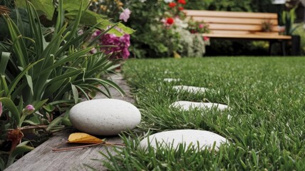white stones in the garden on the grass