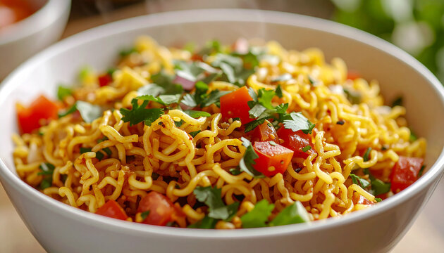 White bowl with hot veg Maggi masala noodles, garnished with vegetables, tomatoes and herbs