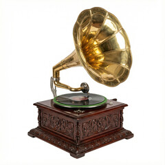 An antique gramophone with a large golden brass horn and an ornate carved wooden base. Vintage phonograph isolated on a white background.