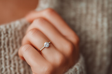 Close-up of a woman's hand with a gold engagement ring featuring a round diamond, sparkling against a neutral sweater backdrop.