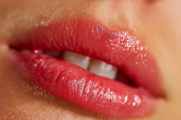 Close-up of full, glossy lips in a vibrant red hue, showcasing healthy skin and a hint of white teeth. Beauty shot, perfect.
