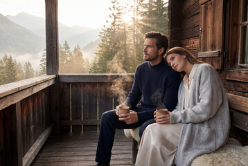 A loving couple enjoys a quiet morning with hot drinks on a rustic cabin balcony, looking at a scenic mountain view. Cozy lifestyle and romance concept.