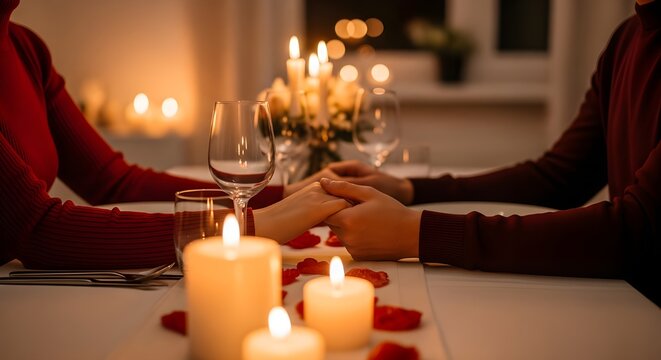 Focus on hands joining over a table set with candles and rose petals, creating a cozy and intimate Valentine's Day dinner vibe.