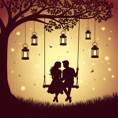 Valentine&rsquo;s Day Social media post vector with love-themed swing, heart leaves, and magical lights