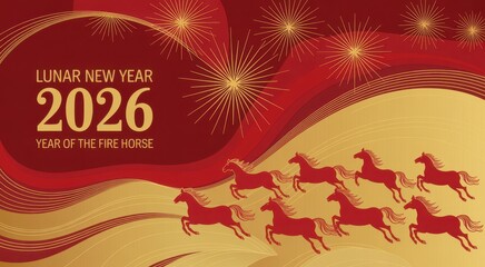 Naklejka premium Festive red and gold Lunar New Year 2026 design featuring horses and golden fireworks, representing celebration and the year of the Fire Horse 