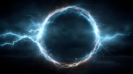 Stunning photo of electric blue lightning frame with plasma portal on dark background. Round glowing sphere with neon strikes. Energy circle border with flash spark effects.
