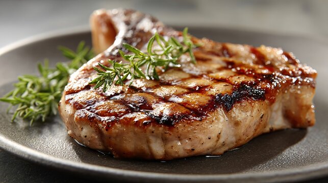 Grilled pork chop plated cleanly, neutral stone surface
