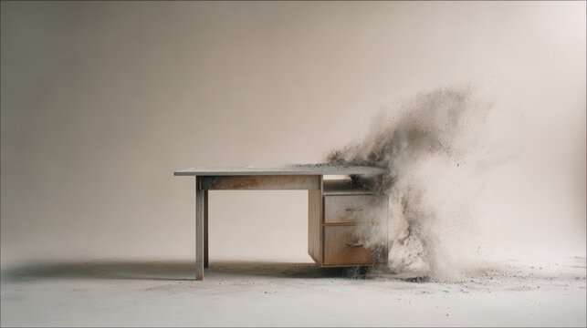 Office desk breaking apart in mid-air explosion of dust and debris, symbolizing business collapse, failure, and creative destruction of outdated ideas