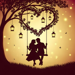 Valentine&rsquo;s Day Social media post vector showing couple silhouette in dreamy nature setting