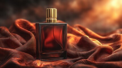 A glass bottle of perfume with a black cap on a plain background