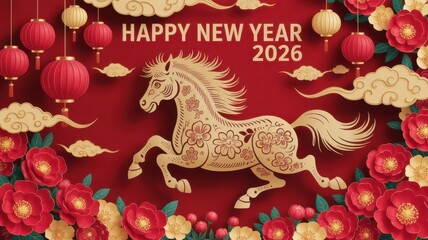 Paper-cut style golden horse with floral patterns on a red background, surrounded by paper flowers and hanging lanterns. Happy New Year 2026 greeting banner.