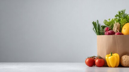 A brown paper shopping bag, filled to the top with varieties of fruit, on a light wood surface. Isolated on a turquoise blue background.