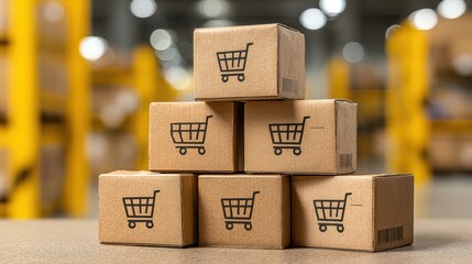 Packaging Boxes Stacked on Pallets Load with Shipping Cargo Container. Delivery Trucks Loading at Dock Warehouse. Supply Chain. Shipment Boxes. Distribution Warehouse Freight Truck Transport Logistics