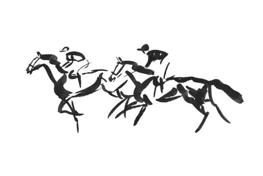 Abstract silhouette drawing of race horse and jockey, hand drawn watercolour sketch