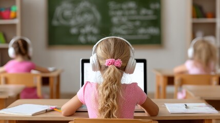 Focused positive caucasian female browsing web pages in internet on her laptop while listening music in her wired headphones using media application for PC, scrolling to find favorite track