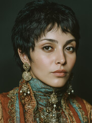 Elegant woman with ornate jewelry and short dark hair against a dark backdrop, radiating sophistication and timeless beauty.