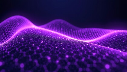 Abstract 3d purple light wave flowing over hexagonal grid surface with glowing particles