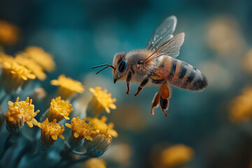 Bee in flight approaching vibrant yellow flowers against a soft, blurred background. Macro shot, focusing on the bee.