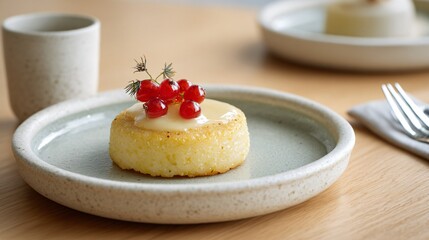 Pan-fried polenta topped minimally, off-white ceramic, calm styling