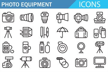 Camera and Photo Accessories Icons Collection, Line Style Illustration