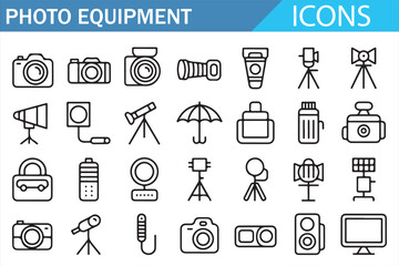 Photography Equipment Icons Set with Camera, Lens and Tripod