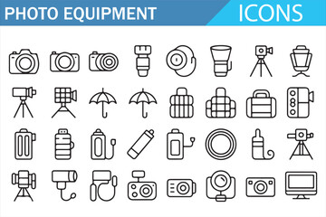 Photo Equipment Icons Set, Camera, Lens, Tripod and Photography Accessories Line Illustration Collection
